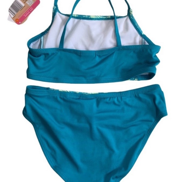NWT Lily & Dan Girls 2 Piece Swim Set Medium Top & Bottom turquoise Tropical - Picture 4 of 7